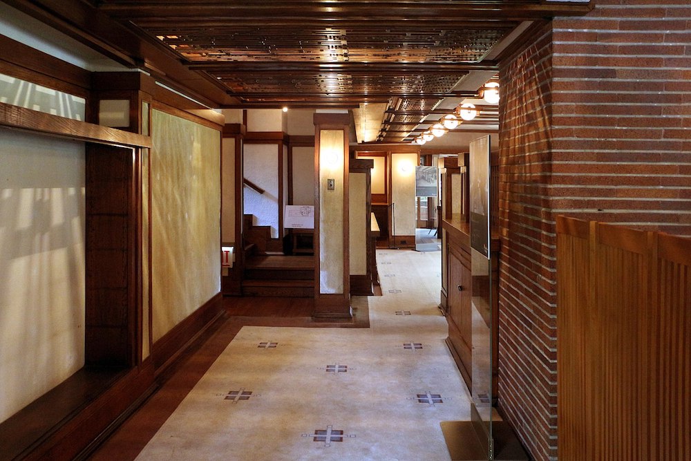 Interior of the Robie House, designed by Frank Lloyd Wright.