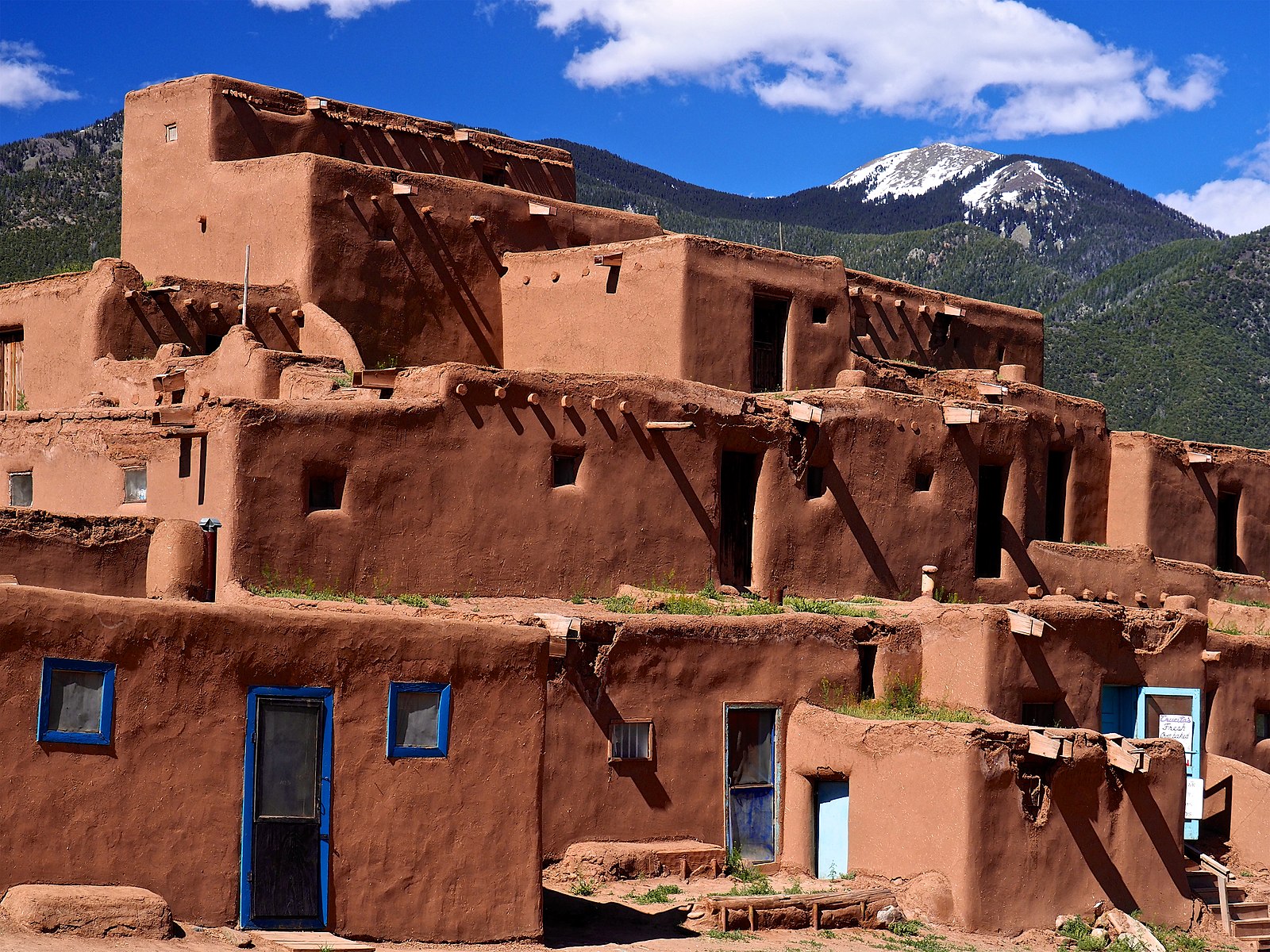 Taos Pueblo in Taos, New Mexico, a multilevel adobe dwelling and one of the most famous examples of Pueblo architecture