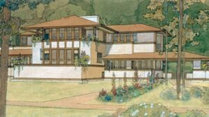 Ward W. Willits House, Highland Park, Illinois, 1902, One of the numerous intricate watercolor renderings Mahony created for Wright during her employment, Courtesy of Frank Lloyd Wright Foundation